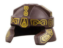 Minifigure, Headgear Helmet Castle with Cheek and Neck Protection with Gold Ornaments and Copper Armor Panels Pattern (Gimli): {тъмно кафяв}