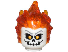 Minifigure, Head, Modified with Molded Trans-Orange Flaming Hair and Printed Skull with Bright Light Orange Eyes Pattern (Ghost Rider, Johnathon Johnny Blaze) : {бял}