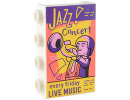 Panel 1 x 4 x 2 with Side Supports - Hollow Studs with Bright Pink, Coral, Dark Purple, and Yellow Poster of Minifigure with Trumpet, JAZZ! Concert, and every friday LIVE MUSIC Pattern : {бял}