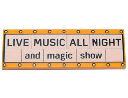 Tile 2 x 6 with White Marquee Sign with Black LIVE MUSIC ALL NIGHT and magic show and Bright Light Yellow Circles Pattern: {огнено жълто-оранжев}