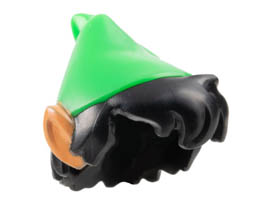 Minifigure, Hair Combo, Hair with Hat, Messy with Molded Bright Green Pointed Hat with Feather and Printed Nougat Pointed Ears Pattern : {черен}