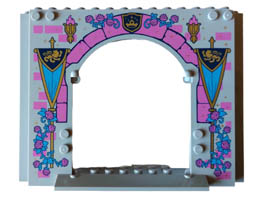 Panel 4 x 16 x 10 with Dark Pink Bricks, Roses and Flames, Torches, Dark Azure Vines, and Gold Lions on Dark Blue Banners Pattern: {умерено каменно сив}