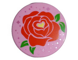 Tile, Round 2 x 2 with Bottom Stud Holder with Red Rose, Bright Green Leaves, Bright Light Yellow Heart and Metallic Pink Stars Pattern : {светло пурпурен}