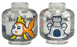 Minifigure, Head without Face with Orange Fish with Yellow Fins and White Face, Castle with Dark Blue Opening on Back Pattern - Vented Stud : {прозрачен}