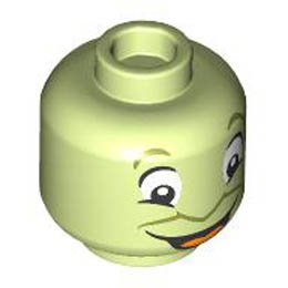 Minifigure, Head Alien Olive Green Eyebrows and Nose Outline, Large White Eyes, Open Mouth Smile with Orange Tongue Pattern - Hollow Stud : {пролетно жълто-зелен}
