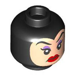 Minifigure, Head Female Light Nougat Face with Eyebrows, Medium Lavender Eye Shadow, Red Lips, Frown Pattern - Hollow Stud: {черен}