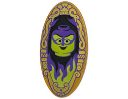 Minifigure, Shield Elliptical with Lime and Dark Purple Minifigure Head on Black Background with Flames and Ornate Border Pattern (Magic Mirror) : {топло златист}