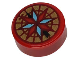 Tile, Round 1 x 1 with Dark Red, Bright Light Blue and Gold Compass Pattern: {ярко червен}