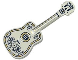 Minifigure, Utensil Musical Instrument, Guitar Acoustic with Tuning Knobs with Silver Strings, Skull and Dark Blue and Gold Ornaments Pattern : {бял}