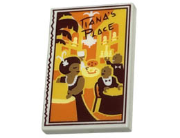 Tile 2 x 3 with Dark Red TIANAS PLACE, Palm Tree, Table with Minifigures Dining, and Yellow and Orange Building Pattern: {бял}