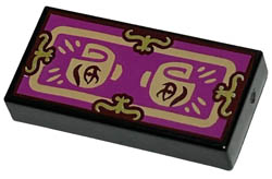 Tile 1 x 2 with Groove with Gold Shapes, Nougat Border and Minifigure Hands with Dark Red Eyes on Magenta Background Pattern (Dr Facilier Fortune Card) : {черен}