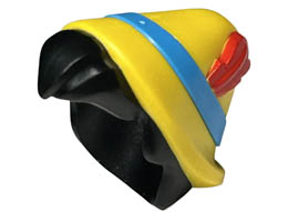 Minifigure, Hair Combo, Hair with Hat, Short Hair with Quiff with Molded Yellow Hat and Dark Azure Band and Printed Red Feather Pattern : {черен}