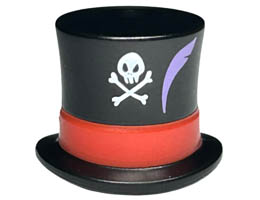 Minifigure, Headgear Hat, Top Hat Large with Molded Red Band and Printed White Skull, Crossbones, and Medium Lavender Feather Pattern : {черен}