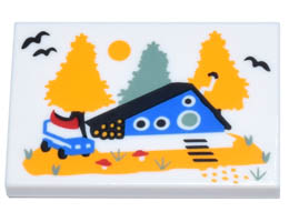 Tile 2 x 3 with Blue Cabin with Round Door and Windows, Bright Light Orange and Sand Green Trees Pattern: {бял}