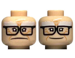 Minifigure, Head Dual Sided White Bushy Eyebrows, Medium Nougat Wrinkles and Cheek Lines, Black Glasses, Frown / Smile Pattern - Hollow Stud : {светло нуга}