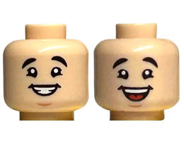 Minifigure, Head Dual Sided Black Eyebrows, Medium Nougat Chin Dimple, Open Mouth Smile with Teeth / Wide Open Mouth Smile with Tongue Pattern - Hollow Stud : {светло нуга}