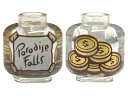 Minifigure, Head without Face with White Label with Reddish Brown Paradise Falls and Tan Tape, Gold Coins on Back Pattern - Vented Stud : {прозрачен}