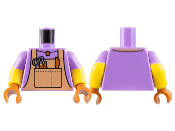 Torso Nougat Overalls, Dark Orange Pendant Necklace and Tools Pattern / Yellow Arms with Molded Medium Lavender Short Sleeves Pattern / Dark Orange Hands: {умерено лавандулов}