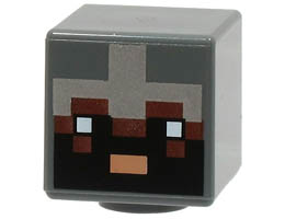 Minifigure, Head, Modified Cube with Pixelated Reddish Brown Face, Black Eyes and Beard, Nougat Mouth and Silver Armor Pattern (Minecraft Netherite Knight) : {тъмно каменно сив}