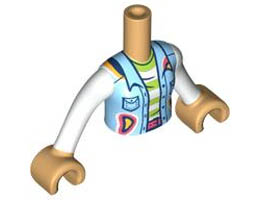Torso Mini Doll Girl Bright Light Blue Vest with Pockets and Lime and White Striped Shirt Pattern, Medium Tan Arms with Hands with White Long Sleeves : {умерен тан}