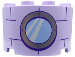 Cylinder Half 2 x 4 x 2 with 1 x 2 Cutout with Bright Light Blue Round Window with Silver Frame and Dark Purple Bricks Pattern: {лавандулов}