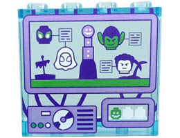 Panel 1 x 4 x 3 with Side Supports - Hollow Studs with Miles Morales, Green Goblin, Ghost-Spider, and Sandman Heads and Lighthouse on Control Screen Pattern : {прозрачно светло син}