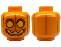 Minifigure, Head Pumpkin Jack O Lantern with Yellow Eyes and Mouth and Dark Orange Vertical Lines Pattern - Hollow Stud: {ярко оранжев}