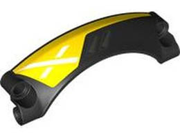 Technic, Panel Car Mudguard Arched #42 9 x 2 x 3 Rounded Top with Pearl Dark Gray Air Vents and White X on Yellow Background Pattern Model Left Side : {черен}