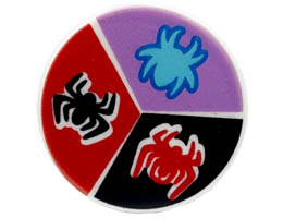 Tile, Round 2 x 2 with Bottom Stud Holder with Red, Black, and Medium Azure Spiders on Black, Red, and Medium Lavender Background Pattern : {бял}