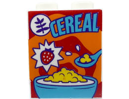 Brick 1 x 2 x 2 with Inside Stud Holder with Medium Azure CEREAL, Spoon, and Bowl, Strawberry on Orange and Red Swirl Background Pattern : {бял}