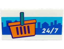 Tile 2 x 4 with 24/7, Orange Shopping Basket with Dark Turquoise Handle, and Blue City Landscape Background Pattern: {бял}