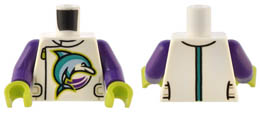 Torso Jacket with Dark Turquoise and Bright Light Blue Dolphin, Side Zipper, Straps, and Stripe Pattern / Dark Purple Arms / Lime Hands : {бял}