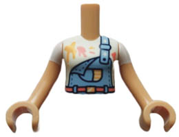 Torso Mini Doll Girl Bright Light Blue Overalls over White Shirt with Paint Stains Pattern, Medium Tan Arms with Hands with White Short Sleeves : {умерен тан}