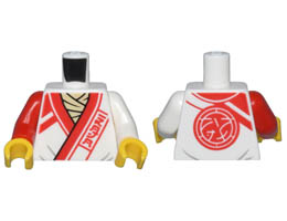 Torso Robe with Red Trim, Lines, and Ninjago Logogram DOJO over Tan Shirt, Core Logo on Back Pattern / White Arm Left / Red Arm Right / Yellow Hands : {бял}