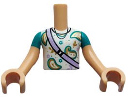 Torso Mini Doll Boy White Shirt, Gold Symbols, Lavender Shoulder Bag Pattern, Medium Tan Arms with Hands with Dark Turquoise Short Sleeves : {умерен тан}