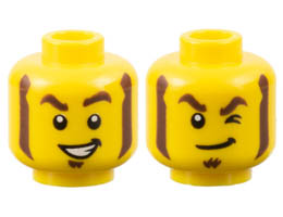 Minifigure, Head Dual Sided Thick Dark Brown Eyebrows, Mutton Chops, and Soul Patch, Lopsided Open Mouth Smile with Teeth / Lopsided Grin and Wink Pattern - Hollow Stud : {ярко жълт}