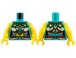Torso Female Top, Yellowish Green Ornate Costume, Red Ribbons, Gold Trim, Yellow Midriff Pattern / Yellow Arms / Yellow Hands: {ярко синьо-зелен}