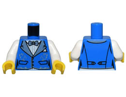 Torso Female Vest with Metallic Light Blue Wide Lapels, Bow Tie, and Filigree over White Striped Shirt Pattern / White Arms / Yellow Hands : {ярко син}
