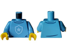 Torso Police Shirt with Bright Light Blue Star Badge Logo, Dark Blue Collar and Wrinkles Pattern / Medium Blue Arms / Yellow Hands: {умерено син}