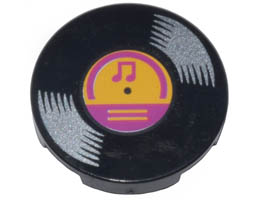 Tile, Round 2 x 2 with Bottom Stud Holder with Vinyl Record with Bright Light Orange and Magenta Center and Musical Notes Pattern: {черен}
