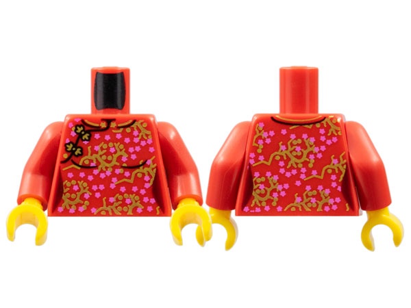 Torso Dress Dark Pink Flowers, Gold Branches Pattern (BAM) / Red Arms / Yellow Hands: {ярко червен}