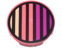 Tile, Round 2 x 2 with Bottom Stud Holder with Black Circle and Bright Light Yellow and Magenta Stripes Pattern: {пъстро коралов}