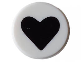 Tile, Round 1 x 1 with Black Heart Pattern: {бял}