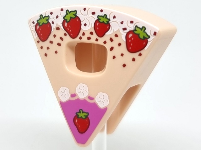 Minifigure, Headgear Head Cover, Costume Wedge Slice with Cake with Strawberries, White Cream, and Dark Pink Frosting Pattern (BAM): {светло нуга}
