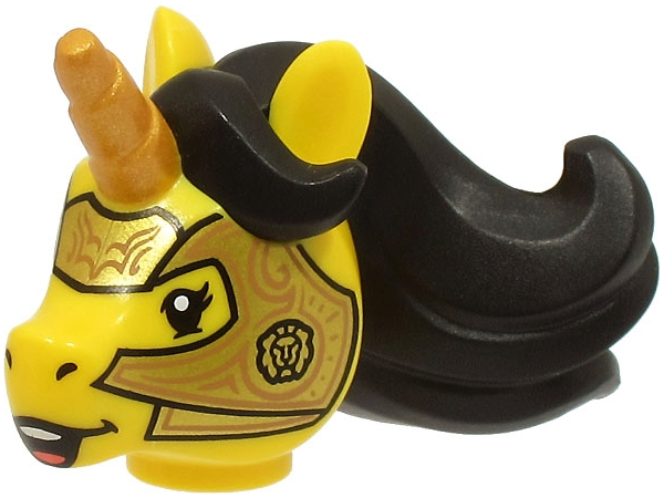 Minifigure, Head, Modified Unicorn with Molded Black Mane and Printed Gold Horn and Armor with Copper Lines Pattern (BAM): {ярко жълт}