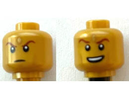 Minifigure, Head Dual Sided Dark Red Eyebrows, Diamond in Forehead, Scowl / Open Mouth Smile Pattern - Hollow Stud: {топло златист}