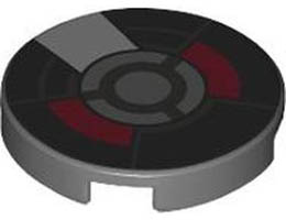Tile, Round 2 x 2 with Bottom Stud Holder with Black, Dark Red and Silver Armor Plates and Circles Pattern: {тъмно каменно сив}