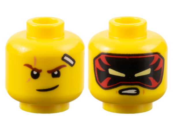 Minifigure, Head Dual Sided Reddish Brown Eyebrows, Scar and Bandage, Lopsided Grin / Black and Red Mask with Bright Light Yellow Eyes Pattern - Vented Stud: {ярко жълт}