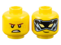 Minifigure, Head Dual Sided Reddish Brown Eyebrows, Medium Nougat Freckles, Scowl / Black and Bright Light Blue Mask with Bright Light Yellow Eyes Pattern - Vented Stud: {ярко жълт}