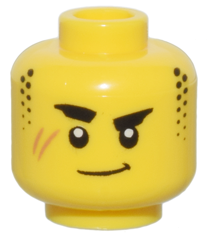 Minifigure, Head Thick Black Eyebrows, Stubble Sideburns, Medium Nougat Scar, and Closed Mouth Lopsided Grin Pattern - Vented Stud: {ярко жълт}